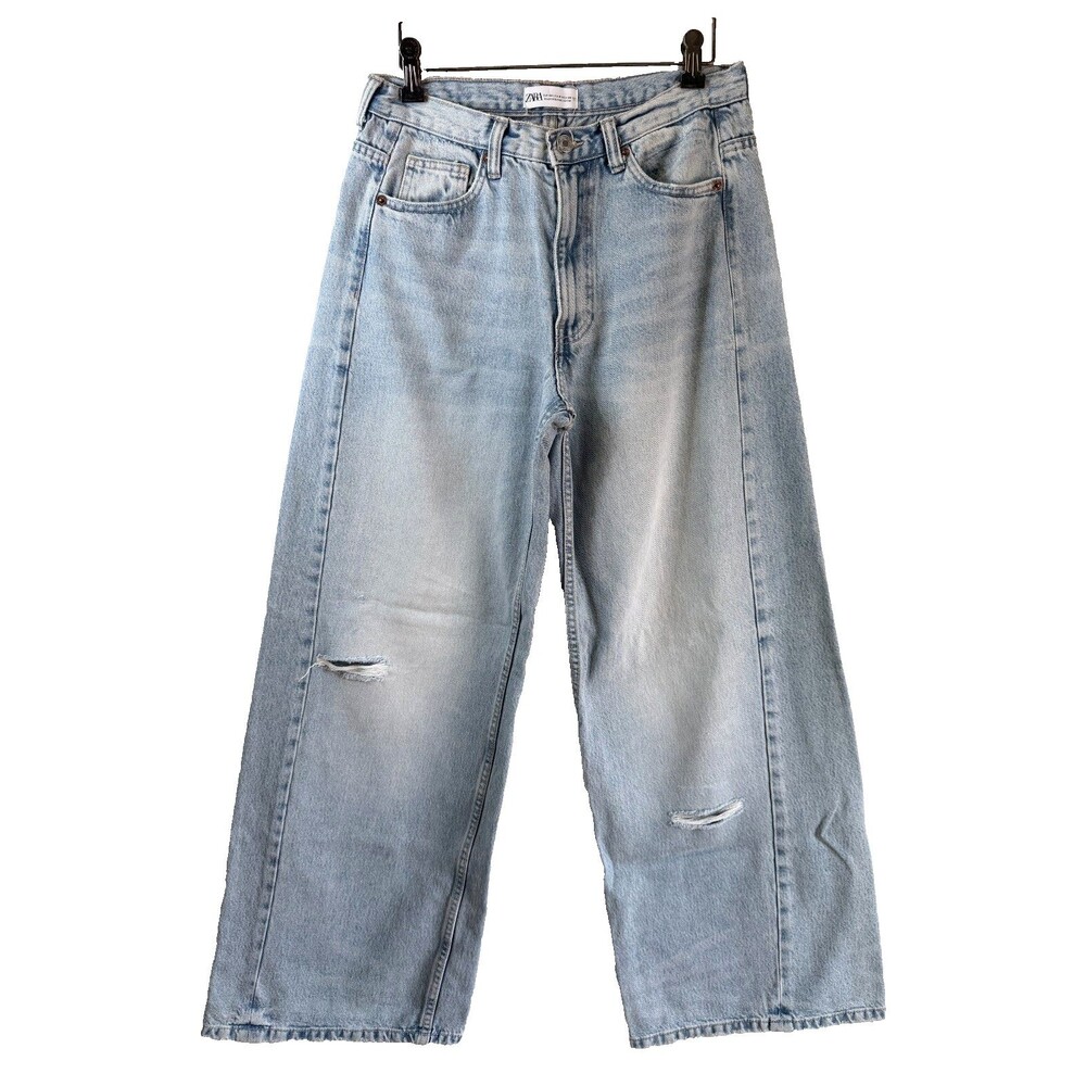 Zara Women's Light Wash Wide Leg Distressed Jeans High Rise Denim Size 6/28